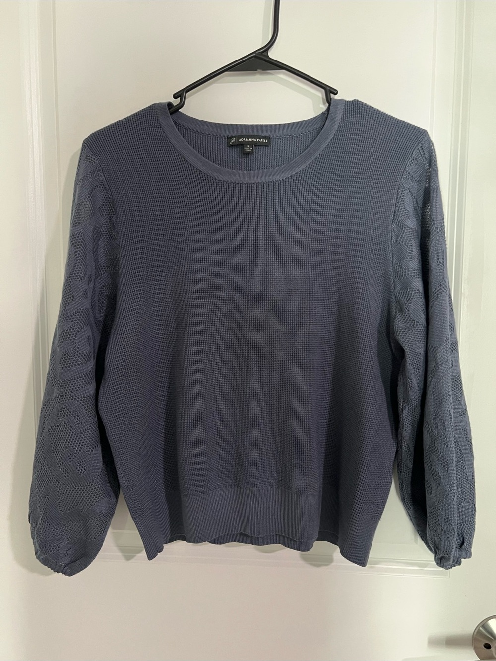 Adrienne Vittadini Slate Blue Knit Sweater with Lace Sleeve Detail